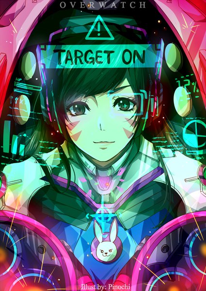 Anime picture 700x989 with overwatch blizzard entertainment d.va (overwatch) fuumeh single long hair tall image looking at viewer fringe black hair brown eyes signed payot upper body light smile copyright name text facial mark english whisker markings