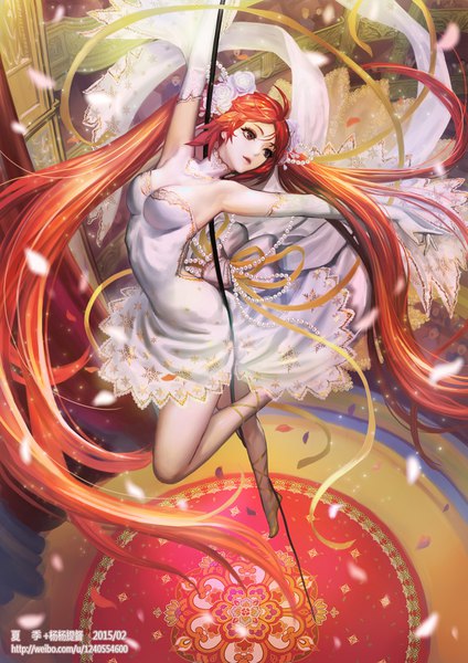 Anime picture 827x1169 with original xiaji single tall image breasts large breasts twintails brown eyes signed looking away cleavage bent knee (knees) red hair very long hair hair flower floating hair dated jumping girl dress
