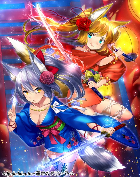 Anime picture 792x1000 with fuji minako long hair tall image blue eyes blonde hair twintails multiple girls animal ears yellow eyes silver hair ponytail tail traditional clothes japanese clothes animal tail glowing girl thighhighs weapon 2 girls