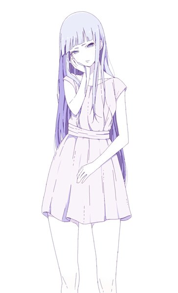 Anime picture 680x1120 with original natuich single long hair tall image looking at viewer fringe simple background white background purple eyes purple hair head tilt bare legs monochrome hand on cheek girl dress