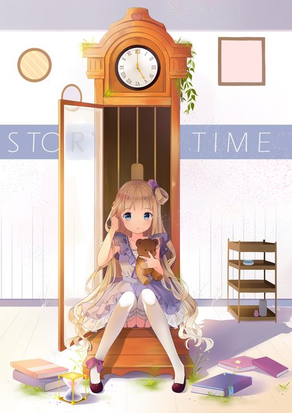 Anime picture 850x1200 with original hitsukuya single long hair tall image looking at viewer blue eyes blonde hair sitting loli girl thighhighs dress white thighhighs book (books) toy stuffed animal clock teddy bear pendulum clock