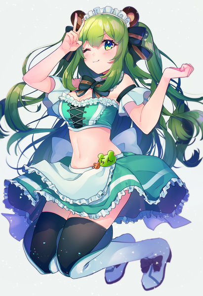Anime picture 960x1400 with virtual youtuber animare hinokuma ran bbbannooo single long hair tall image looking at viewer blush fringe breasts simple background smile hair between eyes white background bare shoulders green eyes animal ears payot full body