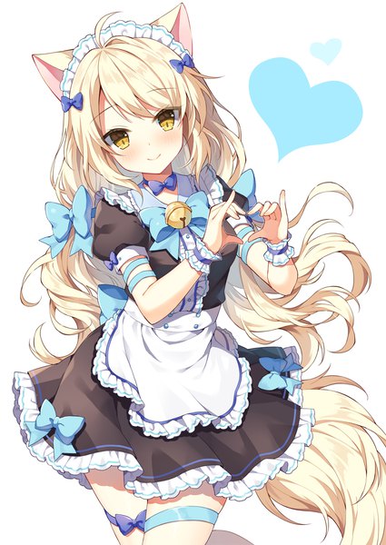 Anime picture 900x1270 with original mauve single long hair tall image blush blonde hair smile white background twintails animal ears yellow eyes ahoge tail animal tail cat ears maid cat girl cat tail puffy sleeves