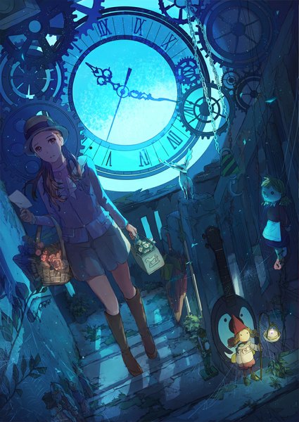 Anime picture 838x1182 with original ooi choon liang single long hair tall image brown hair brown eyes fantasy girl skirt flower (flowers) hat boots umbrella clock guitar paper blouse hat ribbon doll (dolls)