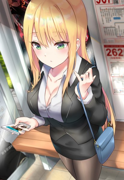 Anime picture 689x1000 with original wasami (a27678193a) single long hair tall image blush fringe breasts blonde hair hair between eyes large breasts standing holding green eyes payot cleavage outdoors long sleeves fingernails looking down