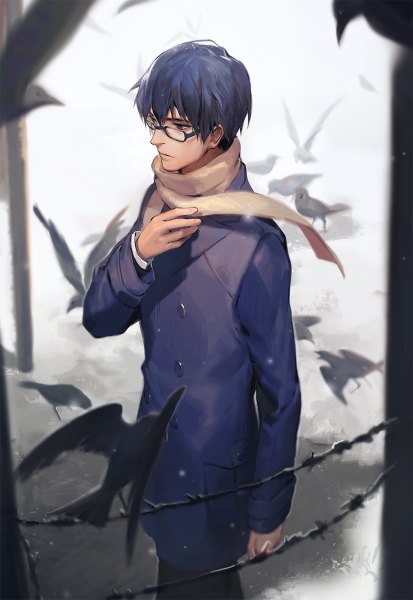 Anime picture 826x1200 with zankyou no terror mappa nine naked cat single tall image fringe short hair blue hair looking away fingernails from above winter boy animal glasses scarf bird (birds) winter clothes crow