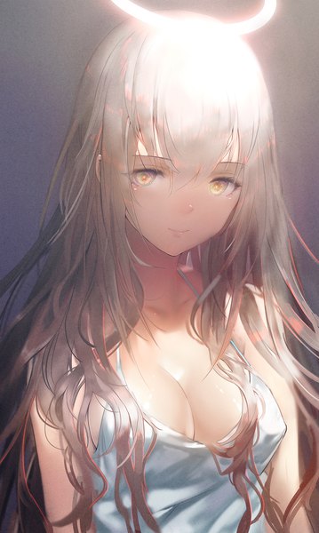 Anime picture 1198x2000 with original iori (cpeilad) single long hair tall image looking at viewer fringe breasts light erotic simple background blonde hair hair between eyes yellow eyes cleavage upper body grey background angel girl dress white dress