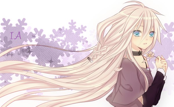 Anime picture 1300x800 with vocaloid ia (vocaloid) single long hair looking at viewer blue eyes blonde hair wide image braid (braids) off shoulder girl flower (flowers) petals choker collar