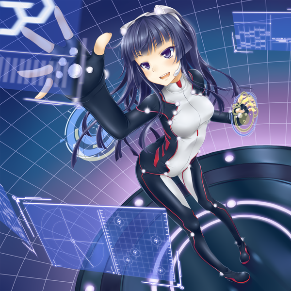 Anime picture 2000x2000 with guilty crown production i.g tsugumi okitakung single long hair highres open mouth black hair standing purple eyes animal ears from above arms up girl gloves fingerless gloves bodysuit headset