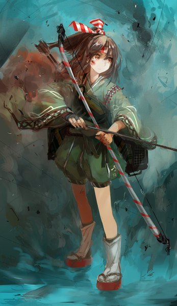 Anime picture 1100x1900 with kantai collection zuihou light aircraft carrier cus-tom single long hair tall image brown hair standing holding brown eyes looking away full body ponytail traditional clothes japanese clothes girl gloves weapon hairband blood