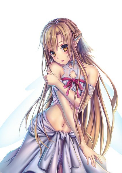 Anime picture 744x1052 with sword art online a-1 pictures yuuki asuna titania (alo) tomoekou single long hair tall image blush open mouth simple background brown hair white background bare shoulders brown eyes pointy ears midriff girl dress navel