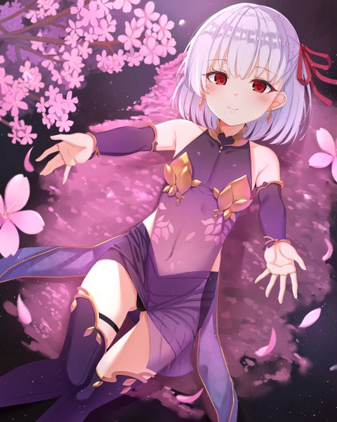 Anime picture 4000x5000 with fate (series) fate/grand order kama (fate) xue lu single tall image looking at viewer blush fringe highres short hair light erotic smile red eyes bare shoulders absurdres silver hair lying blunt bangs on back