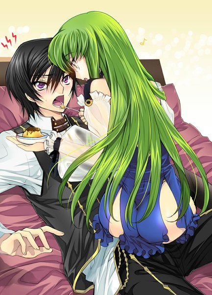 Anime picture 800x1108 with code geass sunrise (studio) c.c. lelouch lamperouge creayus long hair tall image blush fringe short hair open mouth light erotic black hair purple eyes green hair couple girl dress boy detached sleeves