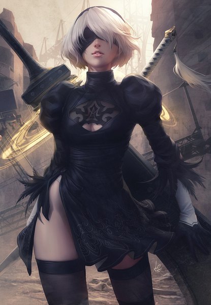 Anime picture 744x1074 with nier nier:automata yorha no. 2 type b pod (nier:automata) artgerm (stanley lau) single tall image fringe short hair breasts light erotic standing signed cleavage silver hair long sleeves parted lips lips realistic mole