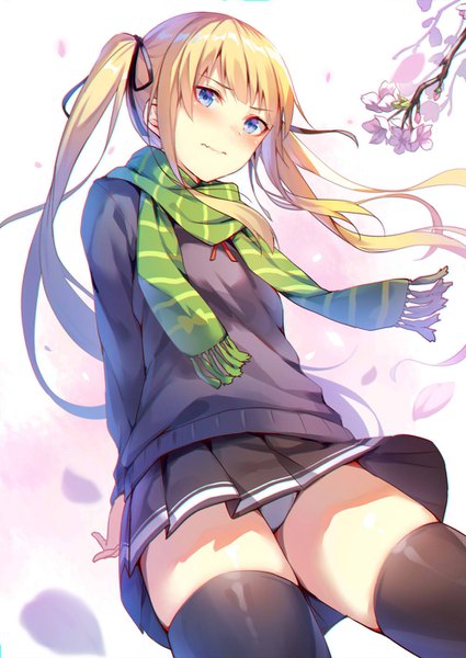 Anime picture 1000x1412 with saenai heroine no sodatekata a-1 pictures sawamura spencer eriri alexmaster single long hair tall image blush blue eyes light erotic blonde hair standing twintails looking away pleated skirt wind from below pantyshot cherry blossoms hands behind back