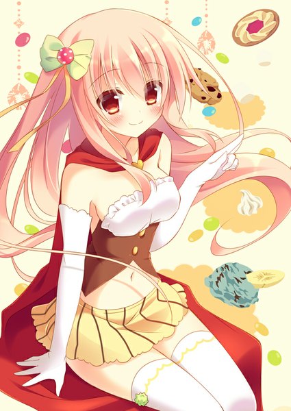 Anime picture 600x847 with original sumisaki yuzuna single long hair tall image looking at viewer blush smile red eyes sitting pink hair girl thighhighs skirt gloves navel bow hair bow miniskirt white thighhighs
