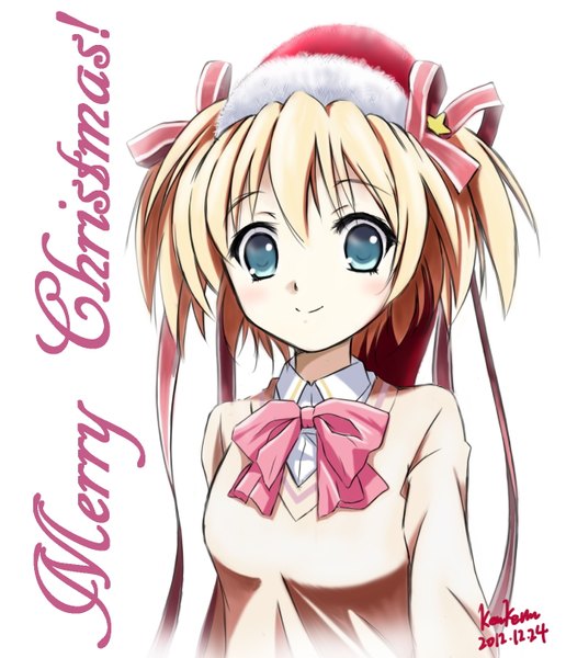 Anime picture 1261x1465 with little busters! key (studio) kamikita komari kem kem single tall image short hair blue eyes blonde hair two side up fur trim christmas merry christmas girl uniform ribbon (ribbons) hair ribbon school uniform bowtie fur