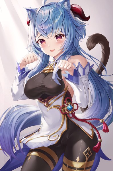 Anime picture 1324x2000 with genshin impact ganyu (genshin impact) wakum single long hair tall image looking at viewer blush fringe breasts open mouth light erotic smile red eyes large breasts standing bare shoulders animal ears blue hair ahoge
