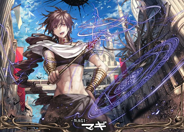 Anime picture 900x646 with magi the labyrinth of magic a-1 pictures judal komecchi single fringe open mouth red eyes brown hair standing holding sky cloud (clouds) very long hair midriff hand on hip magic boy navel building (buildings)