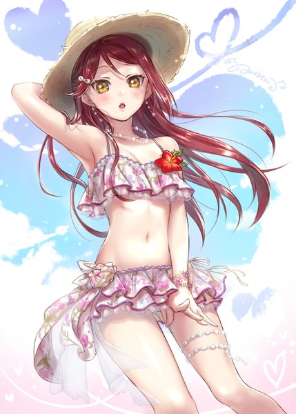 Anime picture 786x1100 with love live! sunshine!! sunrise (studio) love live! sakurauchi riko ao+beni single long hair tall image looking at viewer blush fringe open mouth light erotic signed yellow eyes red hair from below armpit (armpits) lipstick floating hair