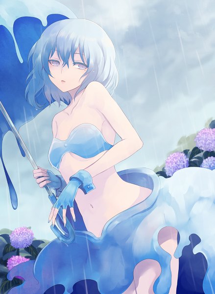 Anime picture 877x1200 with original harano single tall image fringe short hair breasts blue eyes light erotic holding blue hair looking away cleavage cloud (clouds) nail polish midriff wet flat chest rain girl