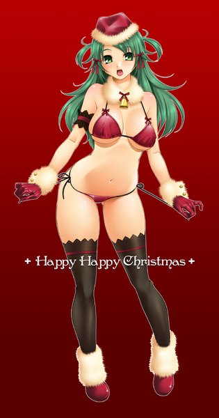 Anime picture 526x1000 with original asakura sakura single long hair tall image looking at viewer blush breasts open mouth light erotic simple background green eyes green hair bare belly red background girl thighhighs gloves navel black thighhighs