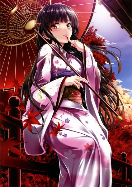 Anime picture 2220x3140 with original haruka natsuki single long hair tall image looking at viewer blush highres black hair brown eyes traditional clothes japanese clothes scan finger to mouth girl kimono leaf (leaves) umbrella obi