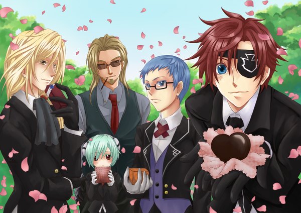 Anime picture 1520x1076 with tales of graces asbel lhant richard (tales) hubert ozwell malik caesars lambda long hair blush short hair blue eyes red eyes yellow eyes one eye closed green hair wink multiple boys group boy gloves petals
