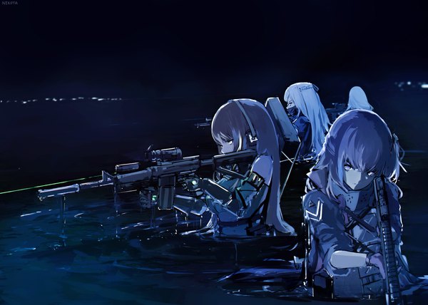 Anime-Bild 1248x892 mit girls frontline ak-12 (girls frontline) an-94 (girls frontline) m4a1 (girls frontline) st ar-15 (girls frontline) nekoya (liu) long hair fringe purple eyes multiple girls holding signed looking away purple hair white hair long sleeves multicolored hair from behind night two-tone hair