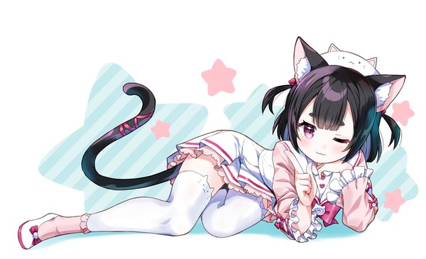 Anime picture 1470x894 with original amimi (artist) single looking at viewer blush fringe short hair black hair simple background wide image white background purple eyes animal ears full body bent knee (knees) tail lying blunt bangs long sleeves head tilt