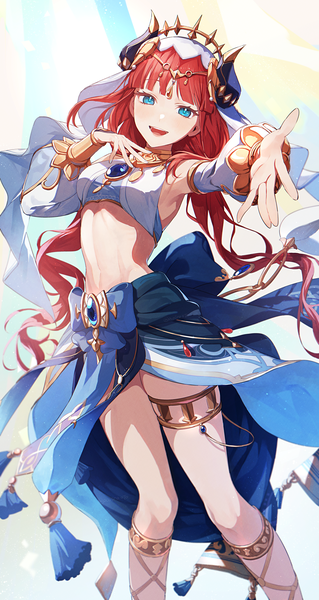 Anime picture 3046x5723 with genshin impact nilou (genshin impact) aoppoi oto single long hair tall image looking at viewer fringe highres open mouth blue eyes light erotic signed absurdres red hair blunt bangs :d horn (horns) midriff twitter username