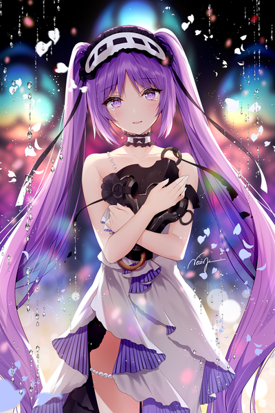 Anime picture 1000x1500 with fate (series) fate/hollow ataraxia euryale (fate) necomi (gussan) single tall image looking at viewer blush fringe open mouth standing purple eyes twintails bare shoulders holding signed payot purple hair very long hair light smile