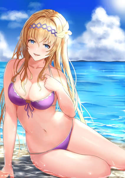 Anime picture 744x1052 with granblue fantasy jeanne d'arc (granblue fantasy) aqua (popogori) single long hair tall image looking at viewer blush fringe breasts open mouth blue eyes light erotic blonde hair smile hair between eyes large breasts sitting bare shoulders sky