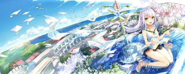 Anime picture 1624x650 with original fuumi (radial engine) single long hair looking at viewer blush open mouth wide image green eyes sky cloud (clouds) white hair girl dress flower (flowers) sea paper