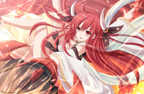 Anime picture 1900x1242 with date a live itsuka kotori kazenokaze single long hair highres red eyes red hair horn (horns) girl dress weapon detached sleeves fire