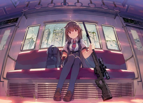 Anime picture 1000x720 with original yasumo (kuusouorbital) single long hair looking at viewer red eyes brown hair sitting revision train interior girl thighhighs dress weapon black thighhighs gun school bag sniper rifle
