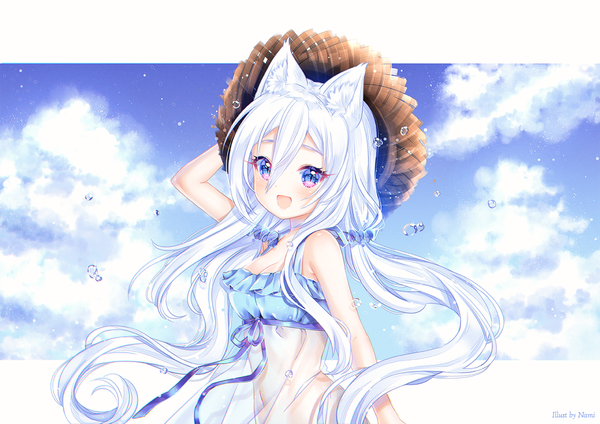 Anime picture 1200x849 with original miyuki (natsumii chan) nami (nyaa) single long hair looking at viewer blush fringe breasts open mouth blue eyes light erotic smile hair between eyes signed animal ears sky cleavage cloud (clouds) outdoors