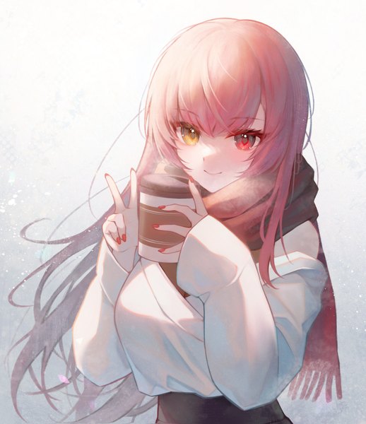 Anime picture 1900x2200 with virtual youtuber hololive houshou marine ijac ray single long hair tall image fringe highres hair between eyes upper body red hair nail polish heterochromia victory red nail polish girl scarf disposable cup