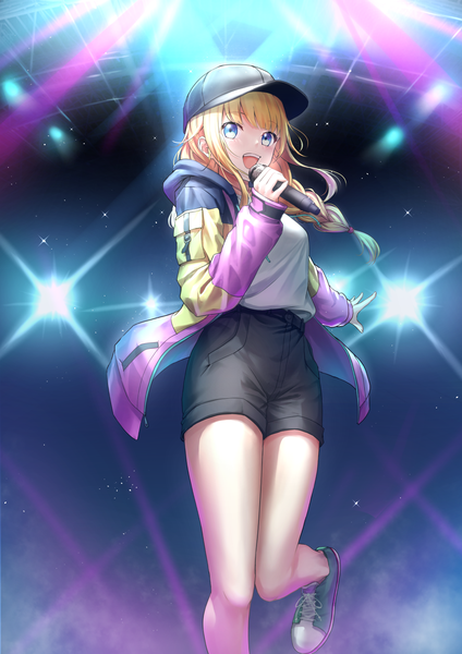 Anime picture 1091x1544 with paripi koumei tsukimi eiko tim86231 single long hair tall image looking at viewer fringe open mouth blue eyes blonde hair standing holding blunt bangs braid (braids) long sleeves :d open jacket sparkle single braid