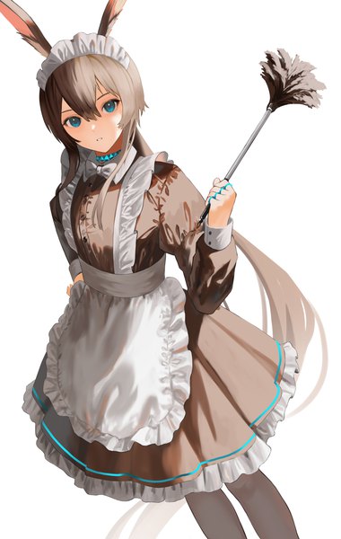 Anime picture 4731x7461 with arknights amiya (arknights) jun (inrshun) single long hair tall image looking at viewer fringe highres blue eyes simple background hair between eyes brown hair white background animal ears absurdres maid bunny ears low ponytail girl