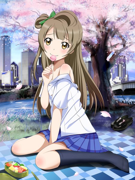 Anime picture 1000x1331 with love live! school idol project sunrise (studio) love live! minami kotori edogawakid single long hair tall image looking at viewer blush smile brown hair brown eyes one side up cherry blossoms girl uniform plant (plants) school uniform shirt