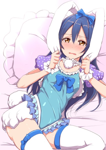 Anime picture 867x1227 with love live! school idol project sunrise (studio) love live! sonoda umi clearite single long hair tall image looking at viewer blush open mouth light erotic animal ears yellow eyes blue hair tail lying animal tail bunny ears bunny tail