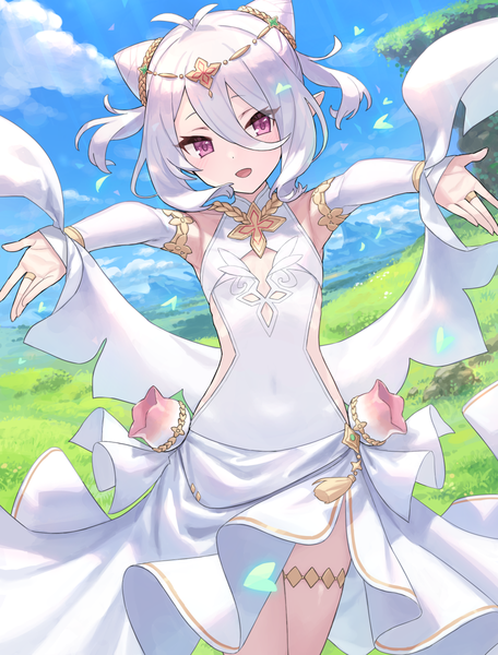 Anime picture 913x1200 with princess connect! re:dive princess connect! kokkoro (princess connect!) chorefuji single tall image looking at viewer fringe short hair open mouth hair between eyes purple eyes sky silver hair cloud (clouds) ahoge :d pointy ears hair bun (hair buns) two side up