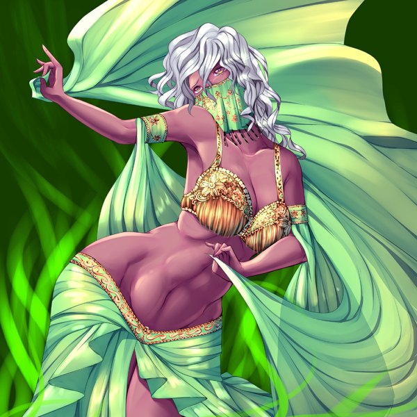 Anime picture 1199x1199 with original harihisa single long hair fringe breasts light erotic yellow eyes looking away silver hair traditional clothes bare belly armpit (armpits) midriff dark skin dancing girl mask arabian clothes