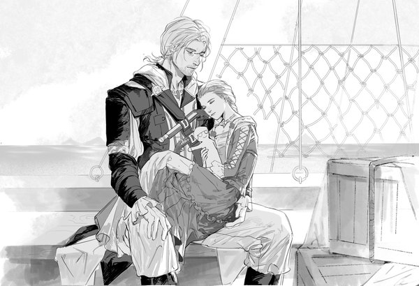 イラスト 2048x1398 と assassin's creed (game) edward kenway jennifer scott mantangfeng highres 短い髪 座る outdoors eyes closed monochrome hand on knee sitting on person father and daughter 女の子 ドレス 男性 人形