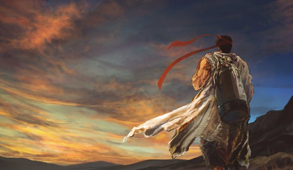 Anime picture 1080x625 with street fighter ryu (street fighter) ary14 (artist) short hair black hair wide image sky wind from behind evening sunset mountain muscle boy hairband cloak