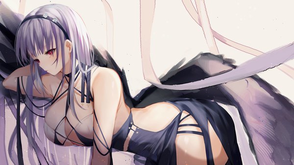 Anime picture 4800x2700 with azur lane dido (azur lane) dido (anxious bisque doll) (azur lane) shiro kanae single long hair fringe highres breasts light erotic red eyes wide image large breasts bare shoulders looking away absurdres purple hair blunt bangs arm up arm behind head