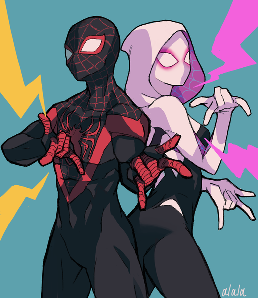 Anime picture 2268x2624 with marvel comics spider-man (series) spider-man: into the spider-verse spider-gwen spider-man (miles morales) miles morales sushi pizza rrr tall image looking at viewer highres breasts simple background standing signed arms up blue background back to back mmm superhero girl