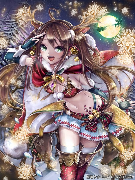 Anime picture 700x933 with original santa claus pisuke long hair tall image fringe breasts open mouth light erotic brown hair twintails animal ears :d horn (horns) night bare belly sparkle midriff leaning zettai ryouiki
