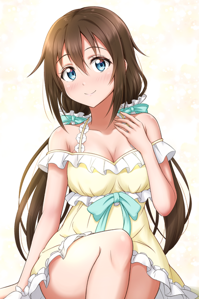 Anime picture 2000x3000 with love live! nijigasaki high school idol club sunrise (studio) love live! ousaka shizuku ckst single long hair tall image looking at viewer blush fringe highres breasts blue eyes simple background smile hair between eyes brown hair large breasts sitting